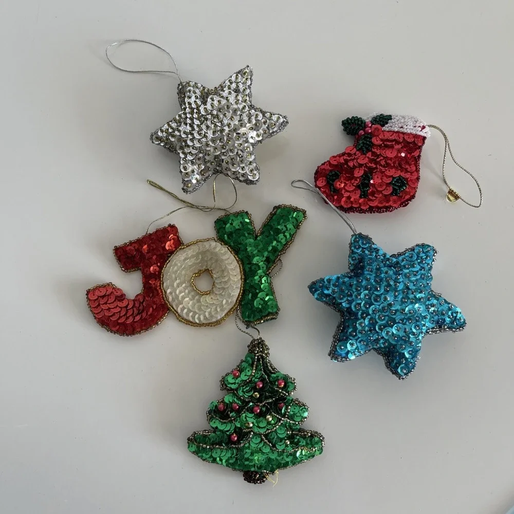 Five Vintage Sequin And Beaded Christmas Ornaments Stars Joy Tree Stocking‎